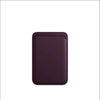 A dark purple premium leather wallet case with MagSafe compatibility.