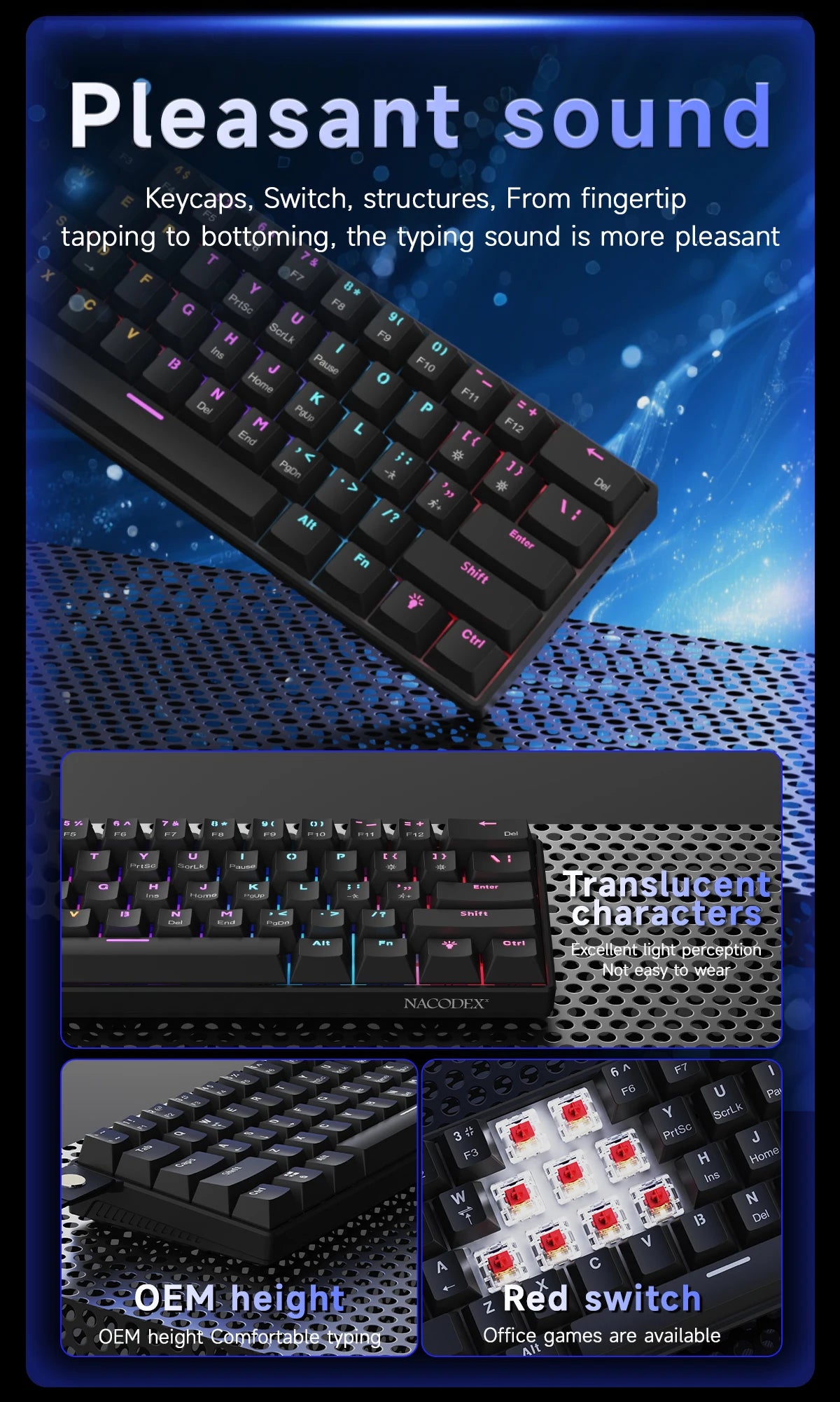 Nahaufnahme einer mechanischen Tastatur mit Tastenkappen, Schalterstrukturen und transparenten Zeichen.