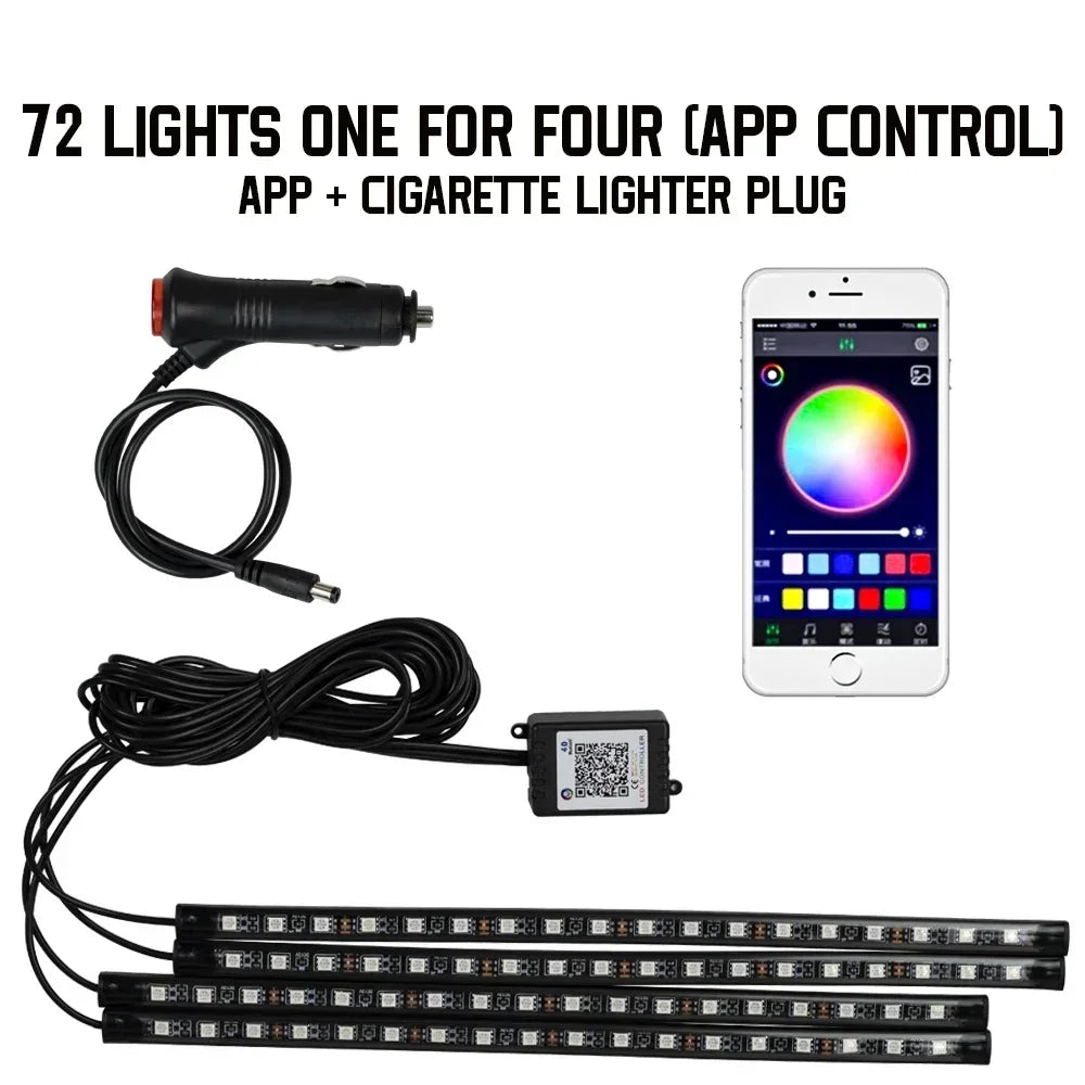 RGB car underglow strip lights with app control, including a plug and LED strips.