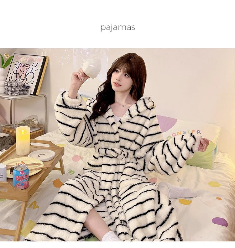 Women's Leopard Print Hooded Flannel Bathrobe