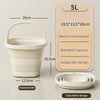 A white collapsible outdoor bucket with a carry handle and a lid, shown next to its dimensions.