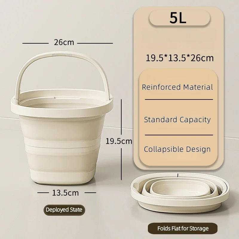 A white collapsible outdoor bucket with a carry handle and a lid, shown next to its dimensions.