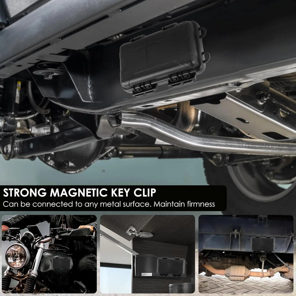 A close-up view of a strong magnetic key clip designed for under-car storage and connection to metal surfaces.