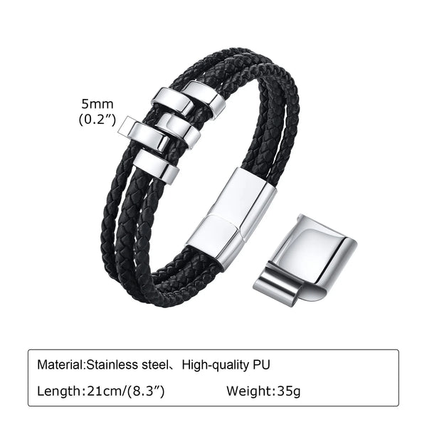 Black braided bracelet with silver stainless steel beads and a matching clasp