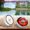 A silver neodymium fishing magnet is shown on a wooden surface with a scenic outdoor background.