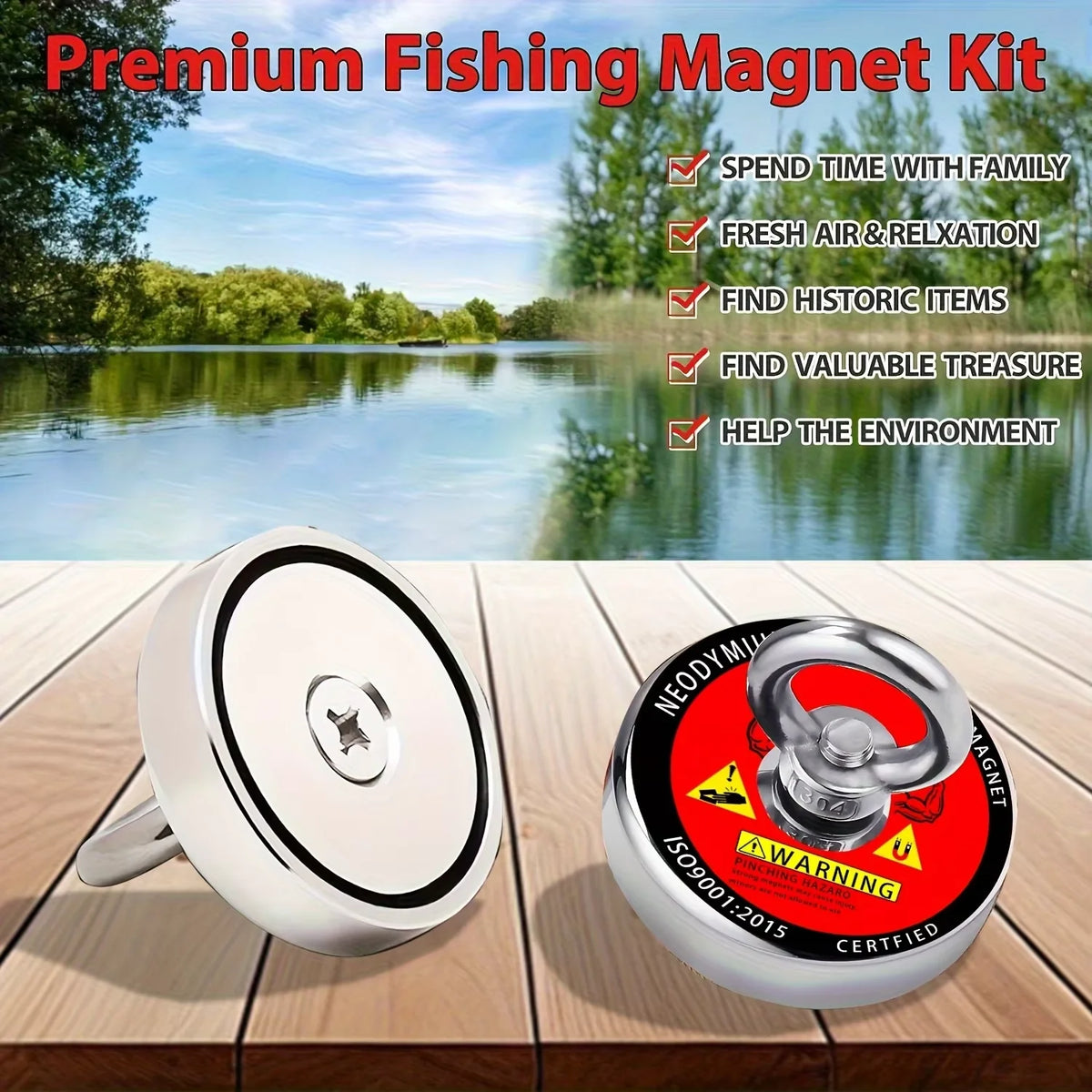 A silver neodymium fishing magnet is shown on a wooden surface with a scenic outdoor background.
