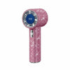 A pink sparkling diamond pattern portable fan with an LED glow and a digital display.