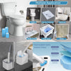 A set of disposable toilet brushes with long handles and a wall-mount holder shown in various applications.
