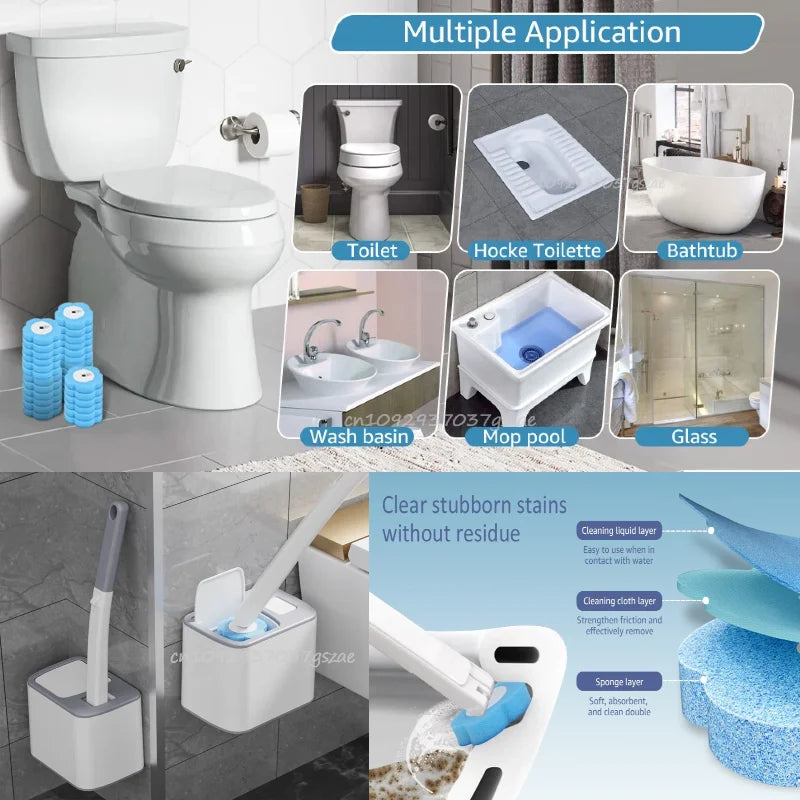 A set of disposable toilet brushes with long handles and a wall-mount holder shown in various applications.