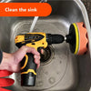 A hand uses a yellow electric tool to clean a kitchen sink, with a cleaning instruction overlay visible.