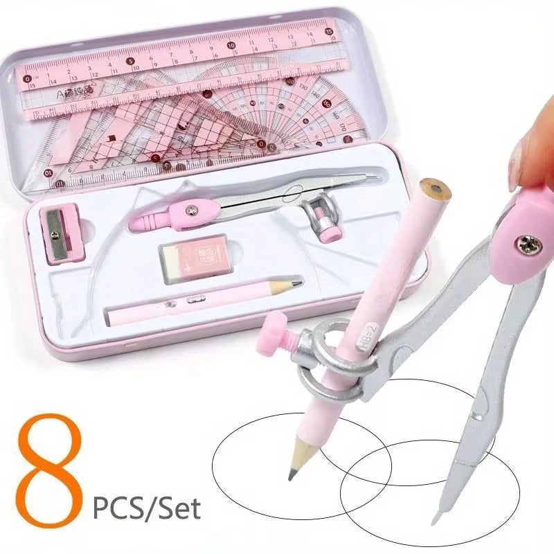 8-Piece Geometry Math Drawing Set with Compass & Ruler Kit