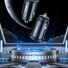 A black 30W dual-port USB-C car charger with quick charge and PD features displayed in a futuristic setting.
