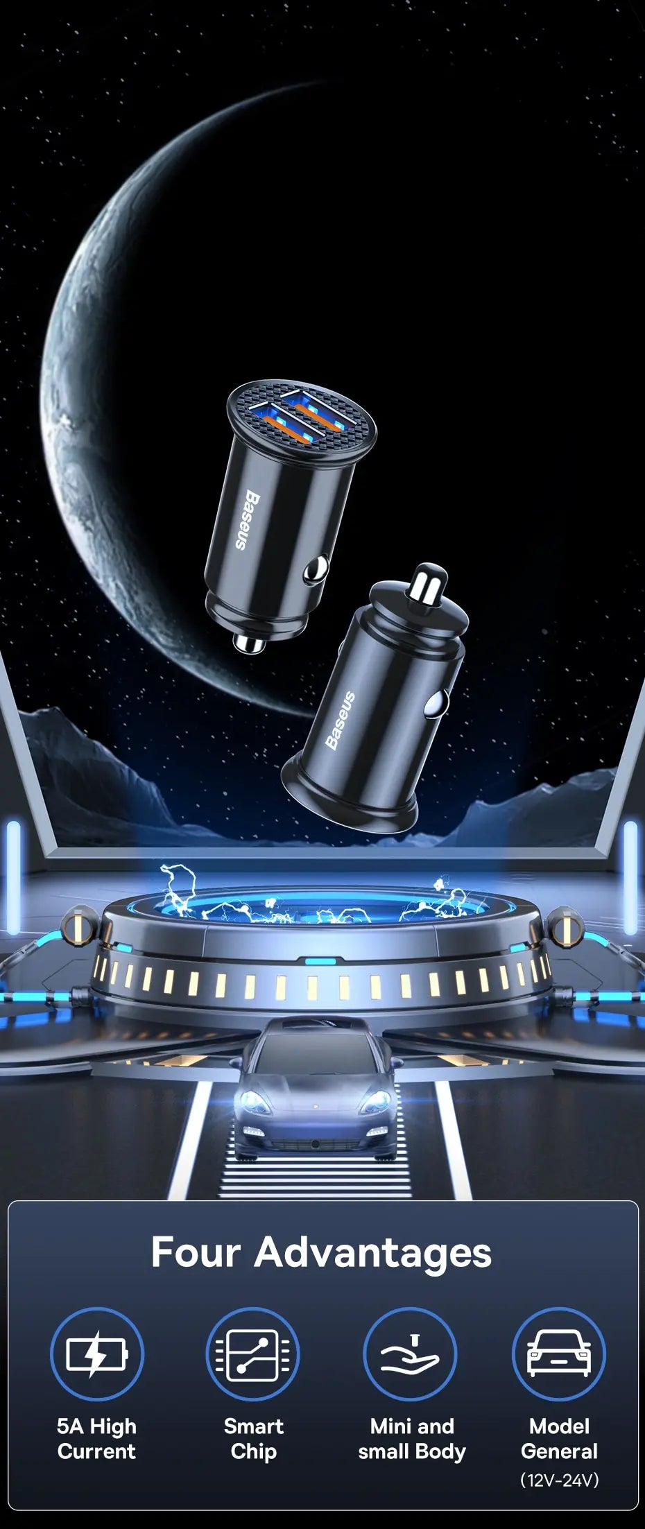 A black 30W dual-port USB-C car charger with quick charge and PD features displayed in a futuristic setting.