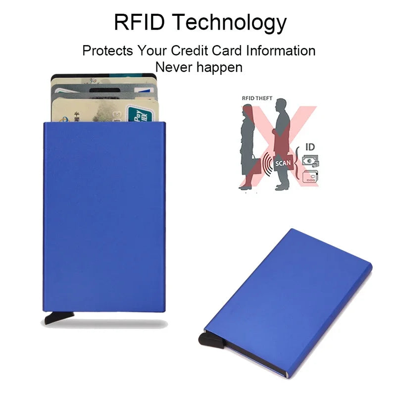 A blue slim metal RFID blocking card holder with a pop-up design next to a credit card.