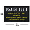 Black embroidered patch featuring Psalm 144:1 text on a dark background.
