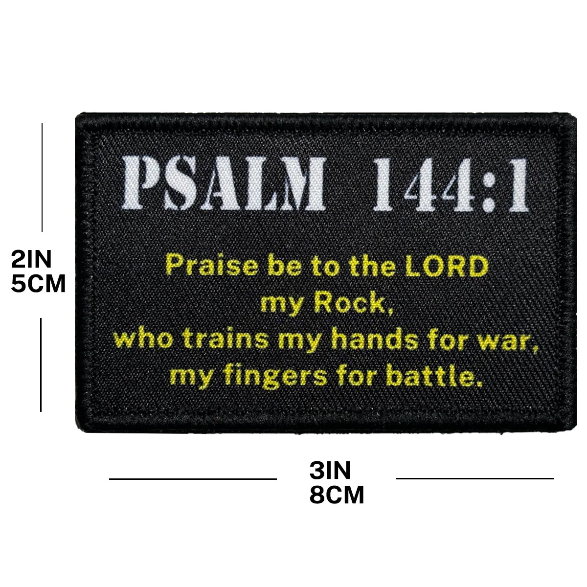 Black embroidered patch featuring Psalm 144:1 text on a dark background.