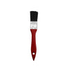 A black paint brush with a silver ferrule and a red plastic handle.