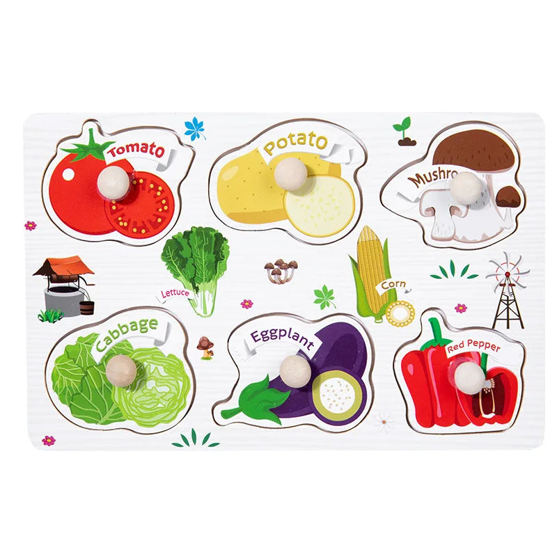A wooden puzzle set featuring illustrations of various vegetables like tomato, potato, mushroom, cabbage, eggplant, and red p
