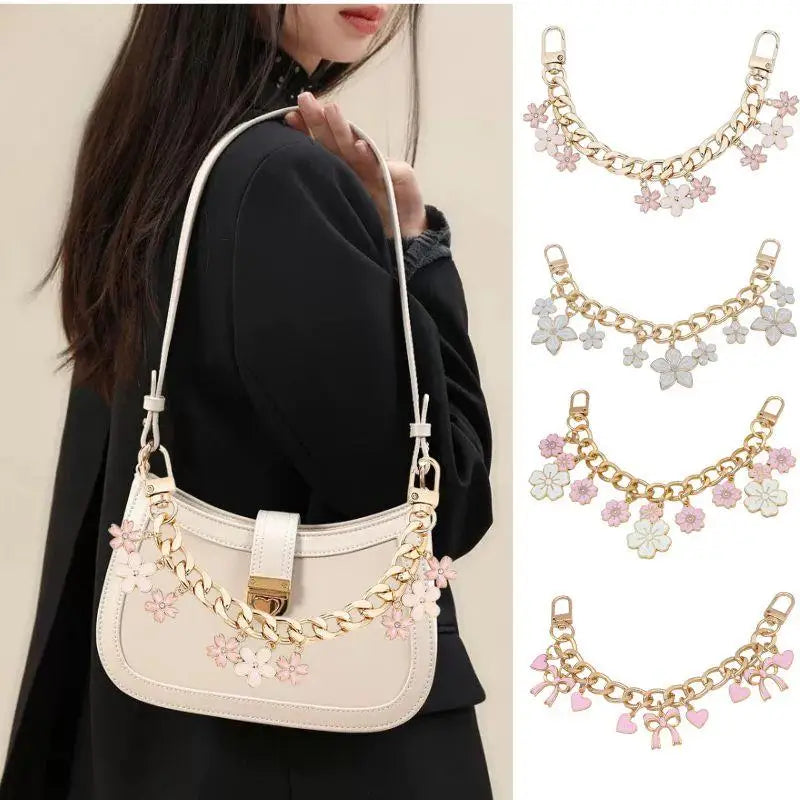 Cherry Blossom Bow Enamel Bag Chain with Heart Charms