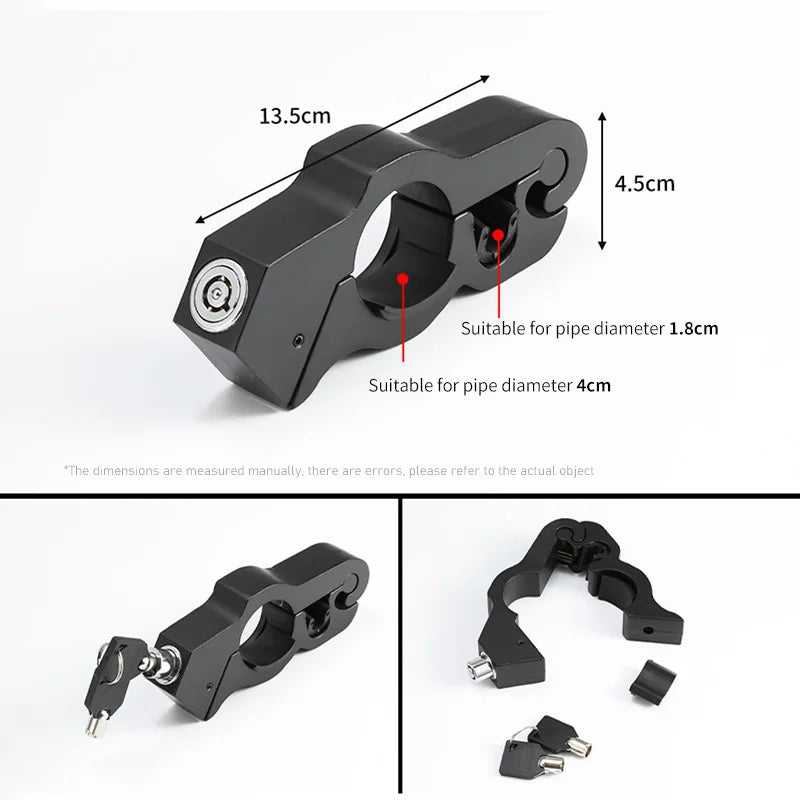 A black motorcycle handlebar brake lock anti-theft security device shown with dimensions and components.