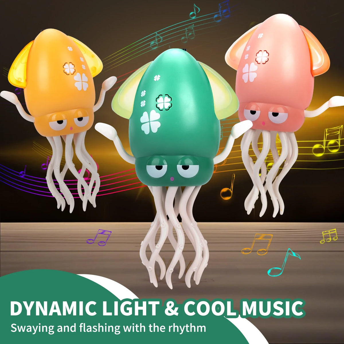 Three glowing green and orange squid-like toys with light effects and musical notes dancing on a wooden surface