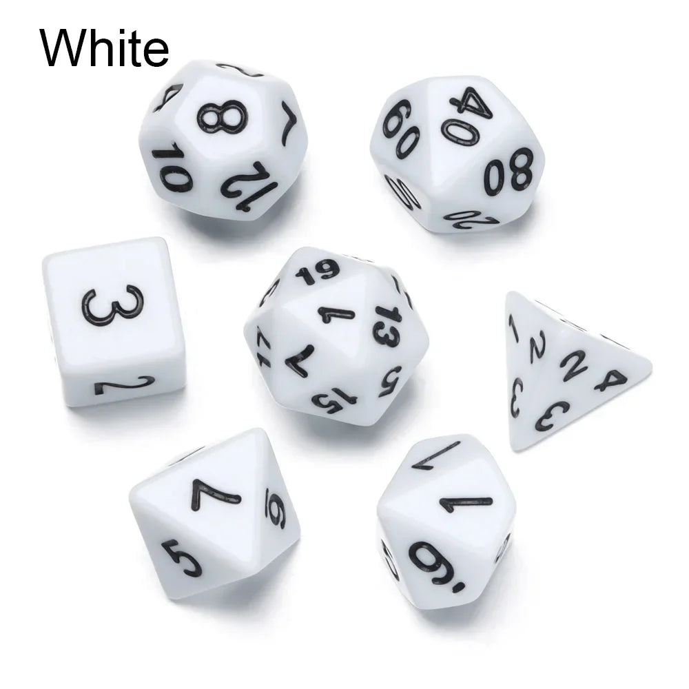 A set of white polyhedral dice including a d10, d8, d6, and d4, displayed on a white background.