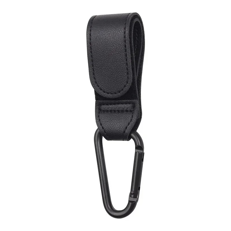Black PU leather stroller hook and baby bag organizer with a rotating feature