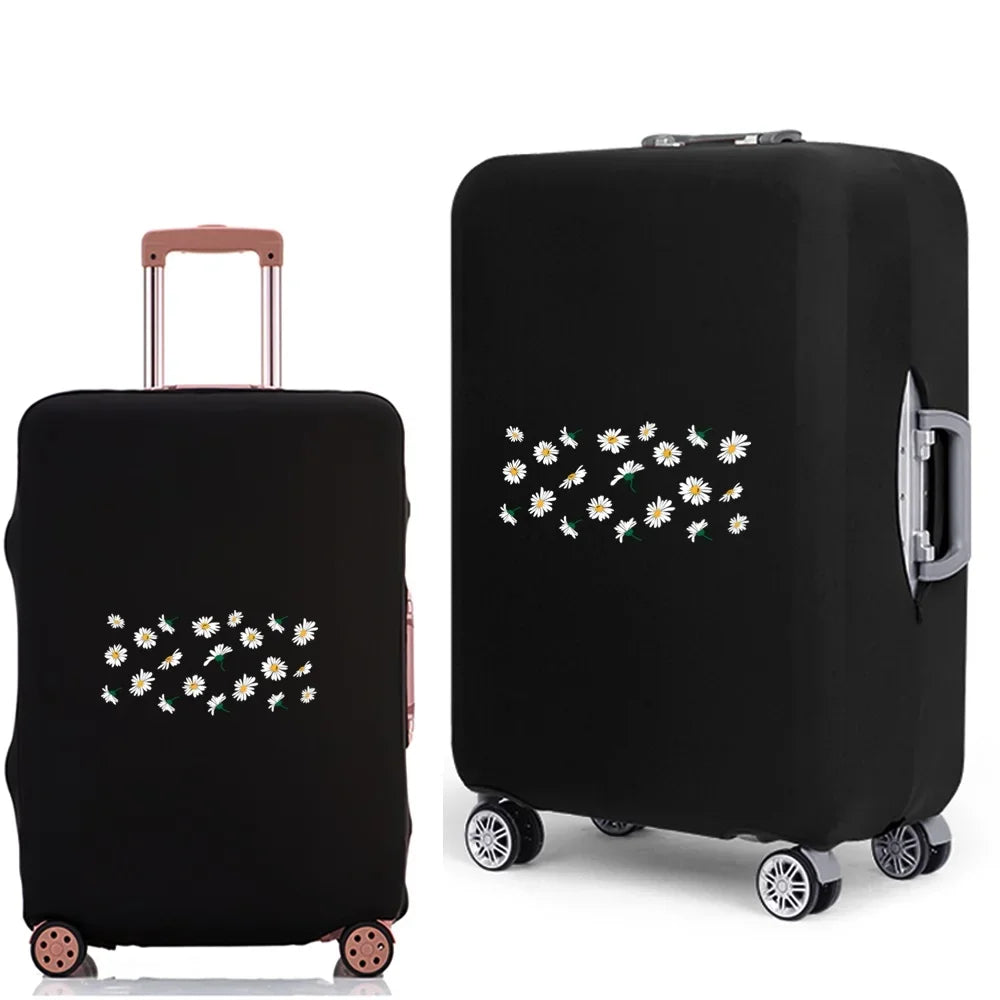 Black elastic suitcase protective cover featuring a white daisy print.