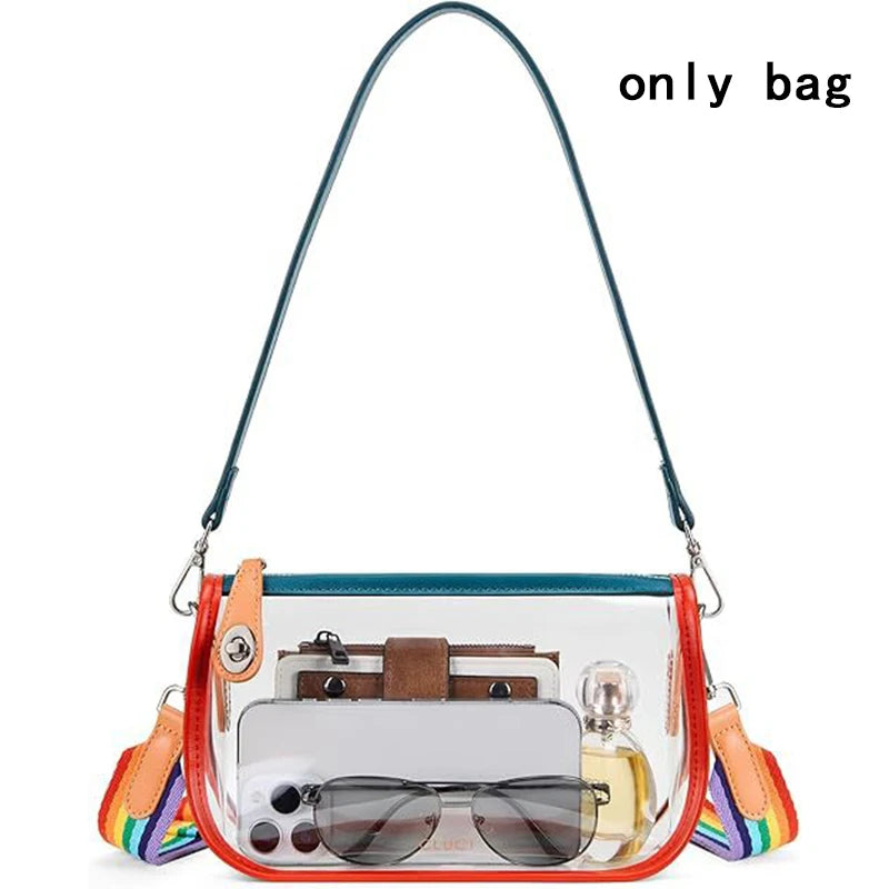 Clear PVC shoulder bag with an adjustable strap featuring a multicolored strap and sunglasses.