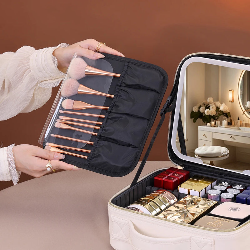 Travel Makeup Bag with USB-Powered LED Mirror