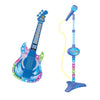 A blue electric guitar and a microphone stand with a built-in speaker are shown.
