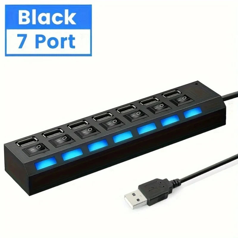 7-Port USB 2.0 Hub with Power Adapter and On/Off Switches