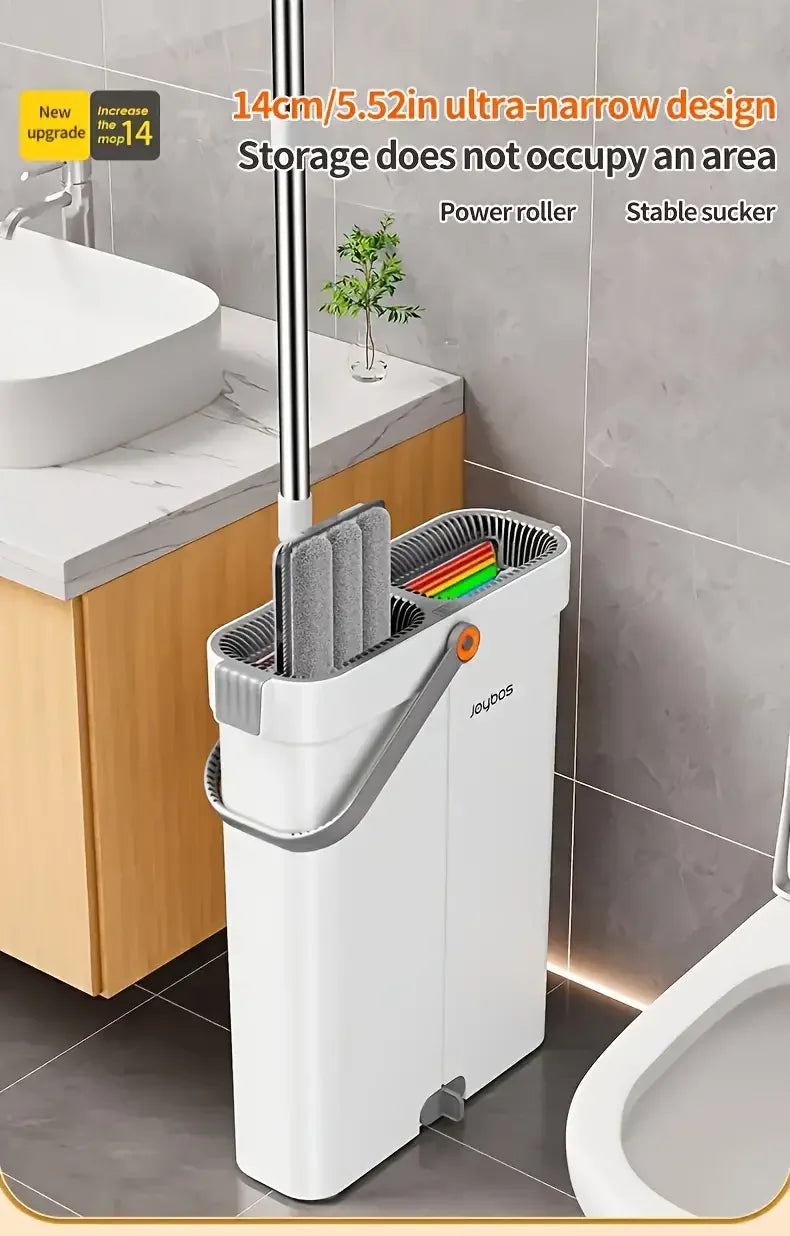 A white ultra-narrow flat mop and bucket set with a power roller is shown next to a sink and toilet.