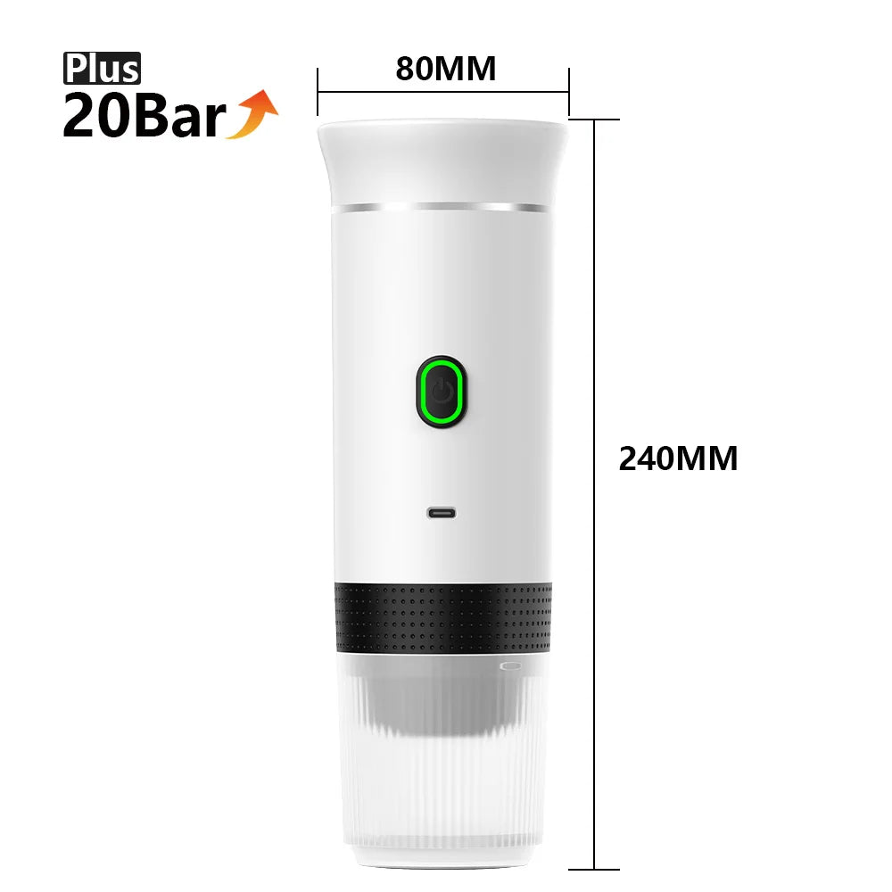 A white portable electric espresso coffee maker with a black base and a green power indicator.