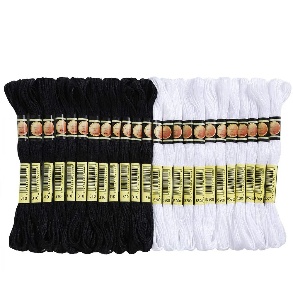 24-piece embroidery floss set featuring black and white threads in various colors