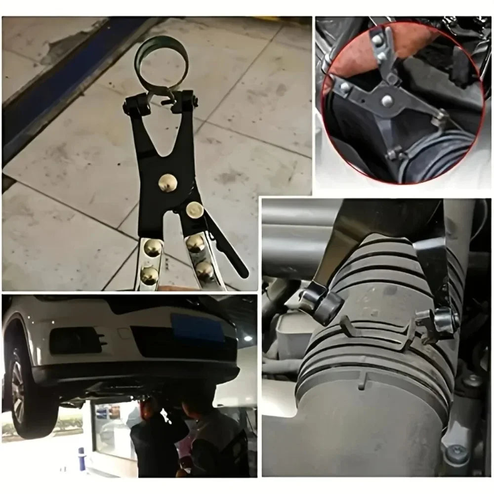 A set of professional hose clamp pliers used for disconnecting fuel lines, shown in various angles.