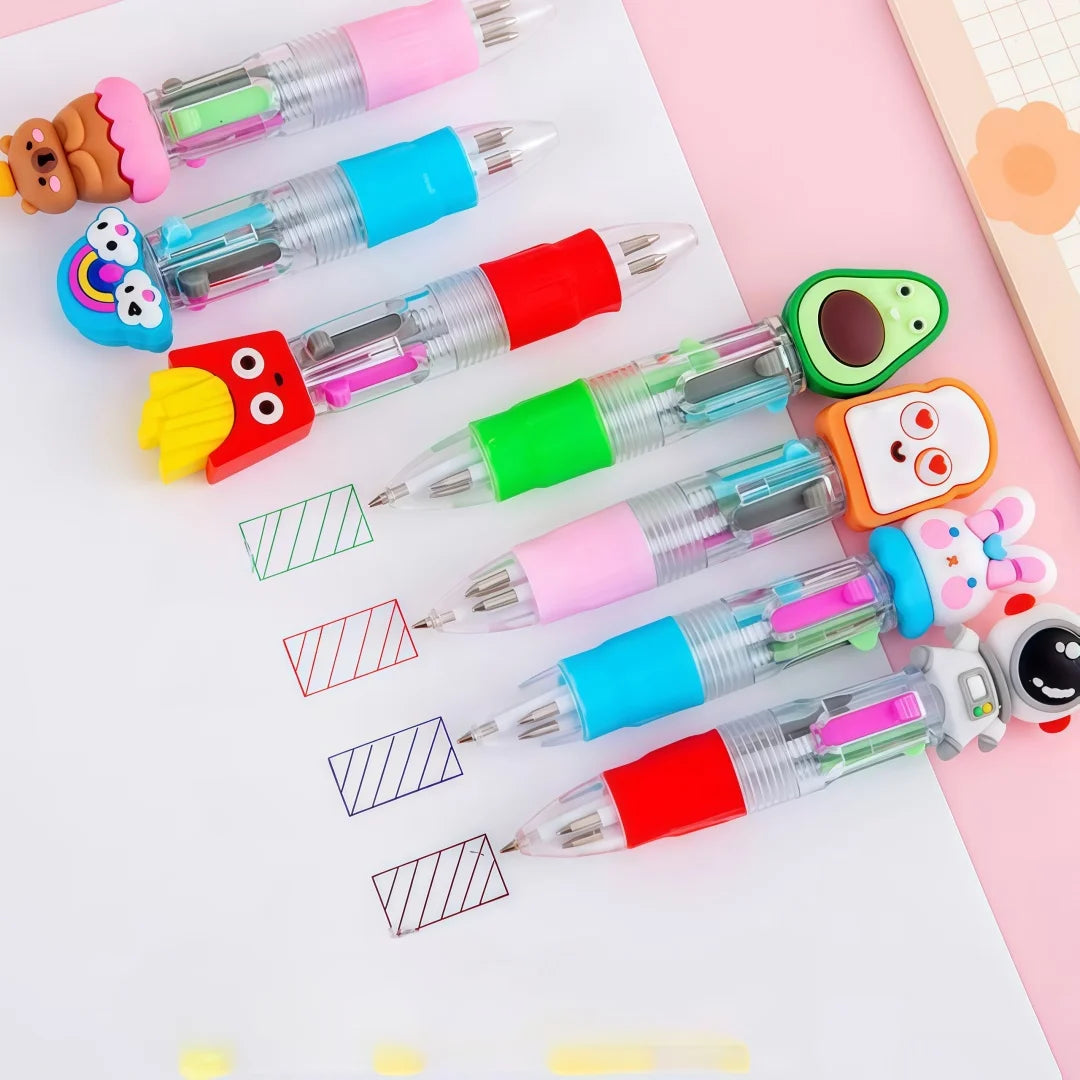 A collection of colorful kawaii ballpoint pens with cute animal toppers arranged on a white background.