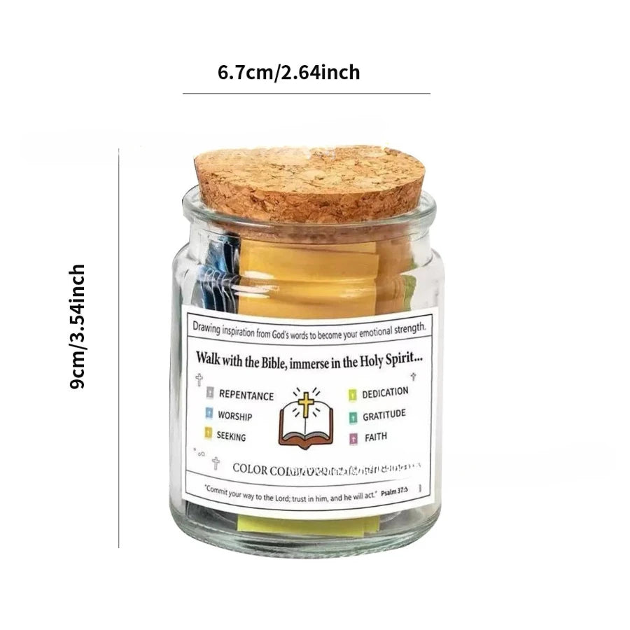 A glass jar filled with inspirational Bible verses and a wooden lid, used for spiritual reflection.