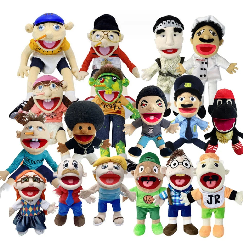 A collection of various Jeffy Hand Puppet plush toys with different facial expressions and outfits.