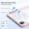 A clear silicone anti-stain coating on a slim trifold iPad case with a pink edge and a gold-colored back.