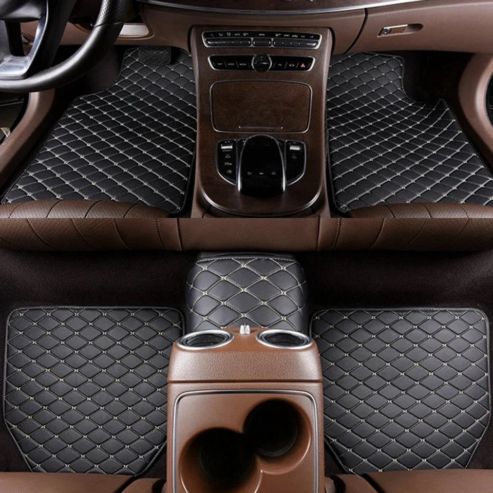 Interior view of a car showing premium PU leather floor mats and dashboard components.