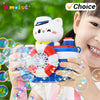 A girl is holding a camera-shaped automatic bubble machine with lights and music, surrounded by soap bubbles.