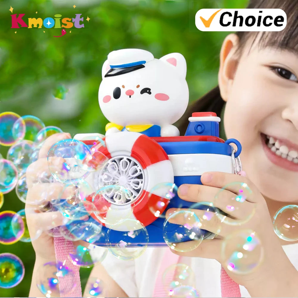 A girl is holding a camera-shaped automatic bubble machine with lights and music, surrounded by soap bubbles.