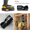 A yellow and black belt clip hook bit holder for cordless drills, shown in various configurations.