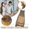A brown chef apron with a hidden pocket decoration shown next to a man wearing a similar apron.