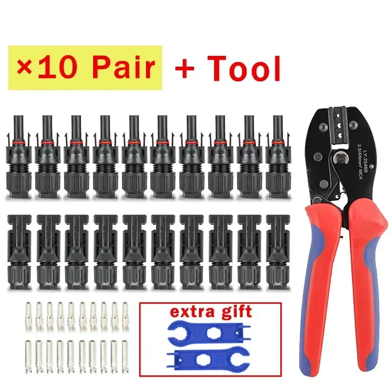 A set of ten pairs of solar panel connectors and a tool for PV cable installation