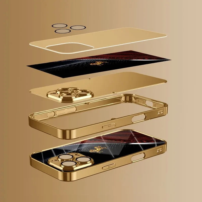 A set of golden horse art glass phone cases with a metallic gold finish displayed on a beige background.