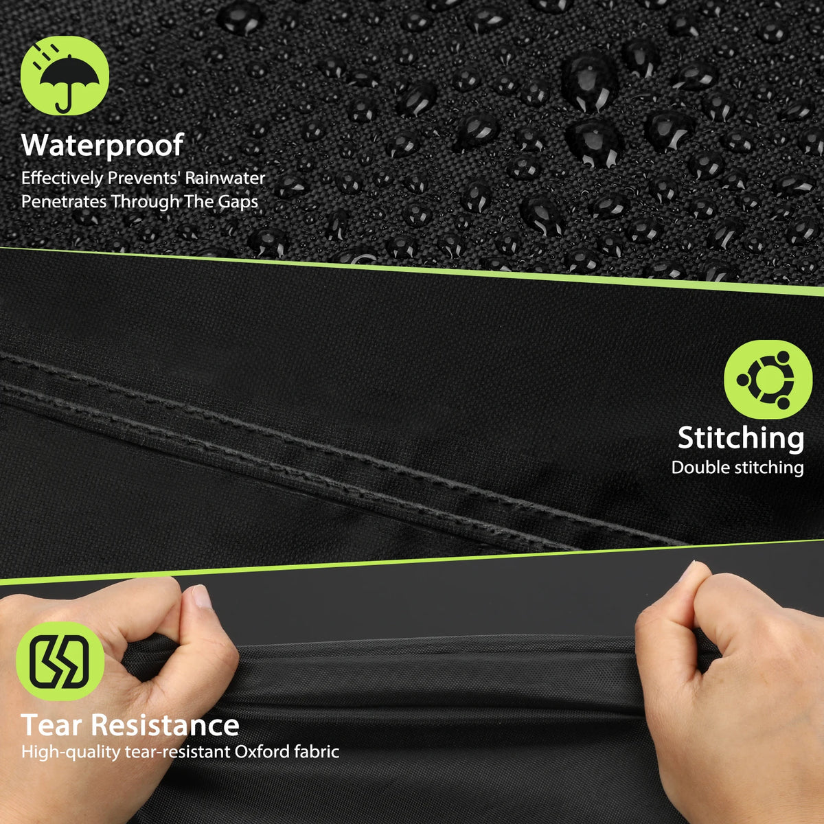 Close-up of a black BBQ grill cover showing waterproof features, double stitching, and tear resistance fabric.