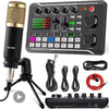 A professional USB condenser microphone and sound mixer with various controls and accessories.