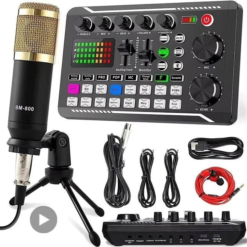 A professional USB condenser microphone and sound mixer with various controls and accessories.